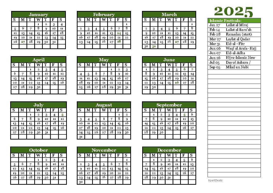 2025 Calendar with islamic Events
