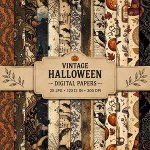Peut inclure: Une collection de papiers numériques présentant des motifs d'Halloween vintage incluant citrouilles, chauves-souris, araignées, toiles, crânes, fioles, feuilles d'automne et notes de musique. L'étiquette centrale indique VINTAGE HALLOWEEN DIGITAL PAPERS 25 JPG 12x12 IN 300 DPI.