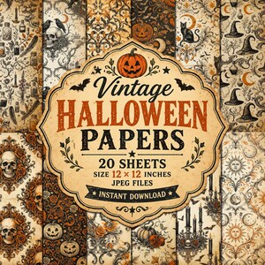 May include: A collection of 20 digital sheets of vintage Halloween paper, each 12 x 12 inches, featuring patterns of skulls, pumpkins, black cats, witch hats, candles, and moons in orange, black, and cream tones with text Vintage Halloween Papers.