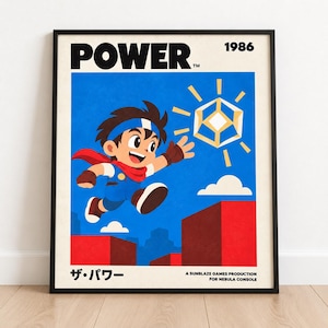 Könnte beinhalten: Ein gerahmtes Poster mit einer Zeichentrickfigur, die über rote Blöcke auf ein leuchtendes geometrisches Symbol zuspringt. Der Text lautet POWER, 1986, ザ・パワー und A SUNBLAZE GAMES PRODUCTION FOR NEBULA CONSOLE. Der Hintergrund ist blau mit weißen Wolken.