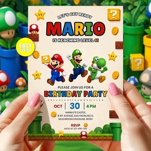 Puede incluir: Una tarjeta de invitación rectangular para fiesta de cumpleaños con Mario, Luigi y Yoshi. El texto dice: LET'S GET READY MARIO IS REACHING LEVEL 6! PLEASE JOIN US FOR A BIRTHDAY PARTY OCT 30 4 PM NANIKO'S CASTLE, 8 BIT AVENUE, SAN FRANCISCO, MUSHROOM KINGDOM, 90281.