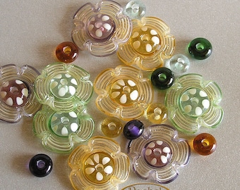 Flower Lampwork Glass Beads, Handmade Glass Spacer Beads in Green, Violet and Amber - Rachelcartglass