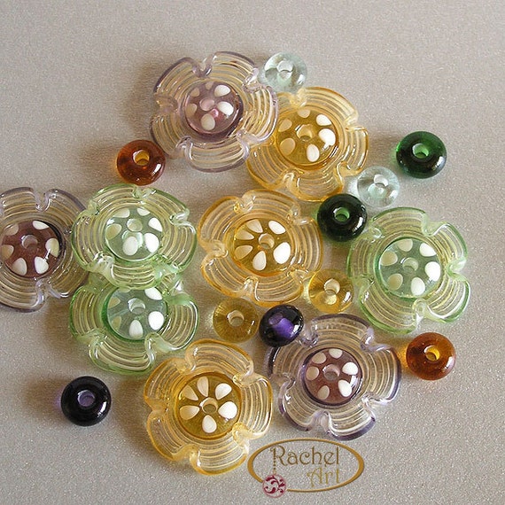 Items similar to Flowers Lampwork Glass Beads, Handmade Glass Donuts Beads in Green, Violet and