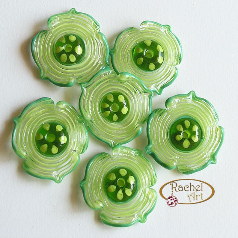 FREE SHIPPING Rachelcartglass Spiral Green Lampwork Flowers Glass Beads Olive Green Handmade Glass Beads Pea Green