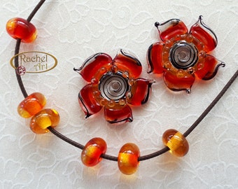 Strike Red Lampwork Flower Glass Beads, FREE SHIPPING, Handmade Lampwork Glass Disc Beads and Spacers - Rachelcartglass