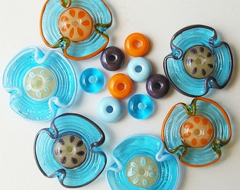 Lampwork Flower Glass Beads, FREE SHIPPING, Turquoise Glass Flower and Spacers - Rachelcartglass