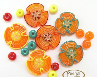 Lampwork Flower Glass Beads, FREE SHIPPING, Handmade Yellow, Orange, Red, Teal Lampwork Glass Beads and Spacers, Rachelcartglass