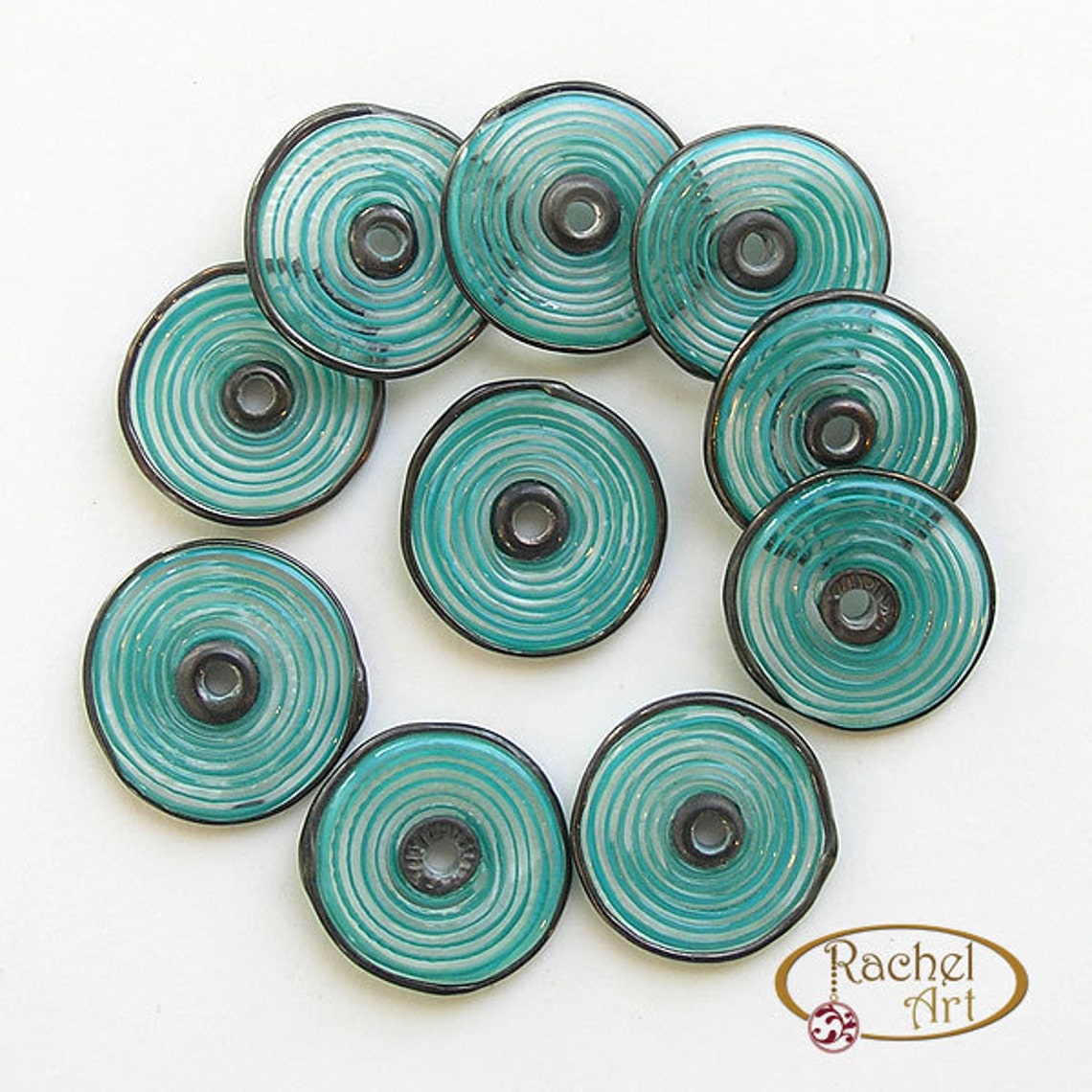 Lampwork Glass Disc Beads, FREE SHIPPING, Handmade Spiral Glass Teal