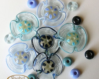 Lampwork Flower Glass Beads in Blue Shades, FREE SHIPPING, Handmade Glass Disc Beads and Donuts Beads, Rachelcartglass