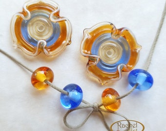 Blue and Amber Lampwork Flower Glass Beads, FREE SHIPPING, Handmade Lampwork Glass Disc Beads - Rachelcartglass