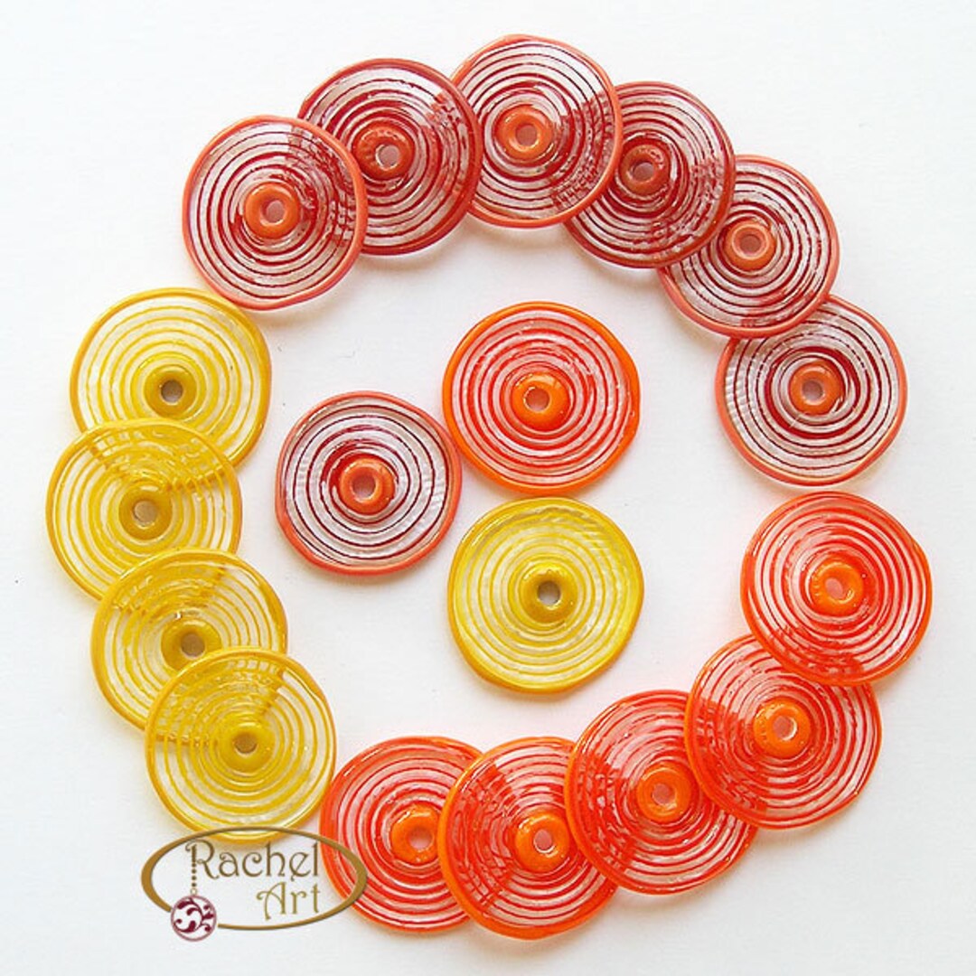 Lampwork Glass Disc Beads, FREE SHIPPING, Handmade Red, Yellow, Orange