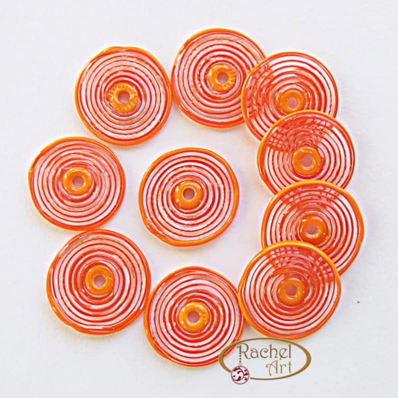 Orange Glass Disc Beads FREE SHIPPING,Set of Handmade Lampwork Spiral Beads Rachelcartglass