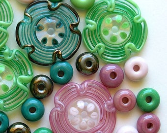 Lampwork Flower Glass Beads, FREE SHIPPING, Handmade Glass Flowers and Spacers Beads, Pink, Green, Teal - Rachelcartglass