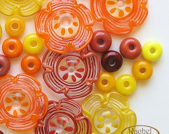 Lampwork Flower Glass Beads, FREE SHIPPING, Handmade Glass Spiral Flowers, Spacers Beads, Red, Orange, Yellow - Rachelcartglass