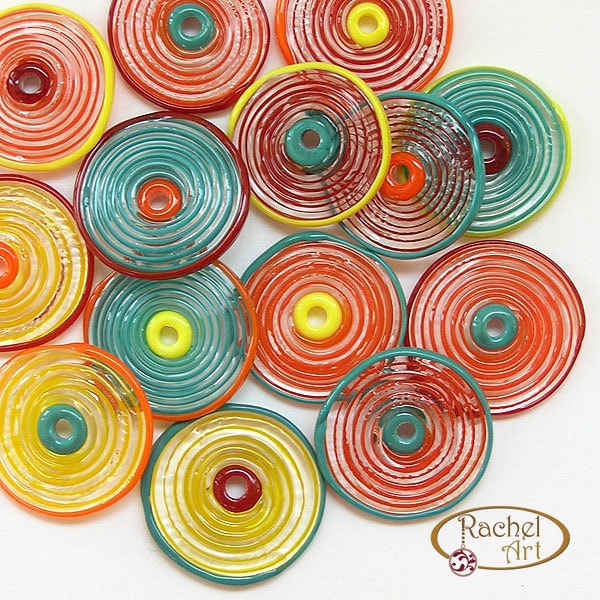 Lampwork Glass Disc Beads, FREE SHIPPING, Handmade Yellow, Teal, Red, Orange Artisan Glass Disc Beads - Rachelcartglass