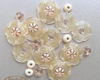 Bridal Flower Lampwork Glass Beads, FREE SHIPPING, Champagne and Cream Beads, Handmade Flowers - Rachelcartglass