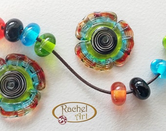 Lampwork Flower Glass Beads, FREE SHIPPING, Handmade Lampwork Glass Disc Beads and Spacers (2+8 )