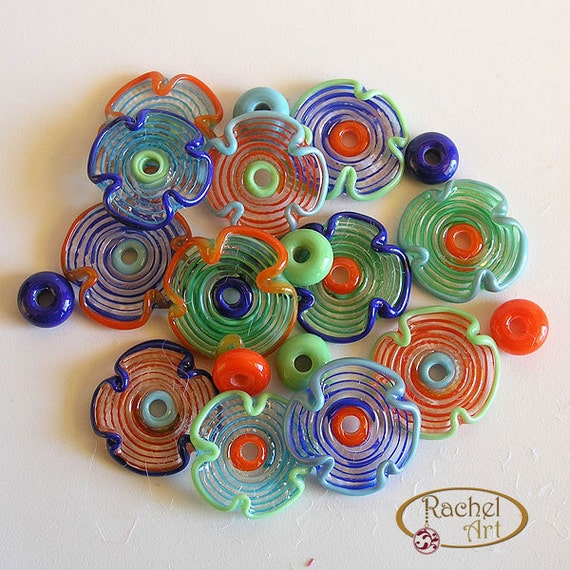 FREE SHIPPING Handmade Glass Spiral Flowers Rachelcartglass Red Yellow Spacers Beads Orange