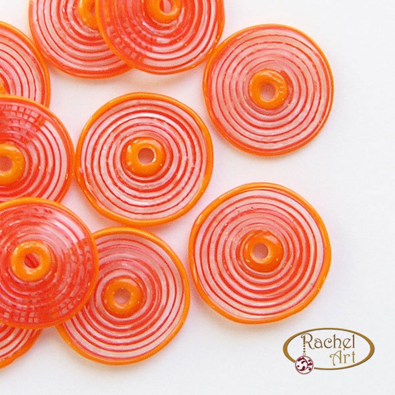 Orange Glass Disc Beads FREE SHIPPING,Set of Handmade Lampwork Spiral Beads Rachelcartglass