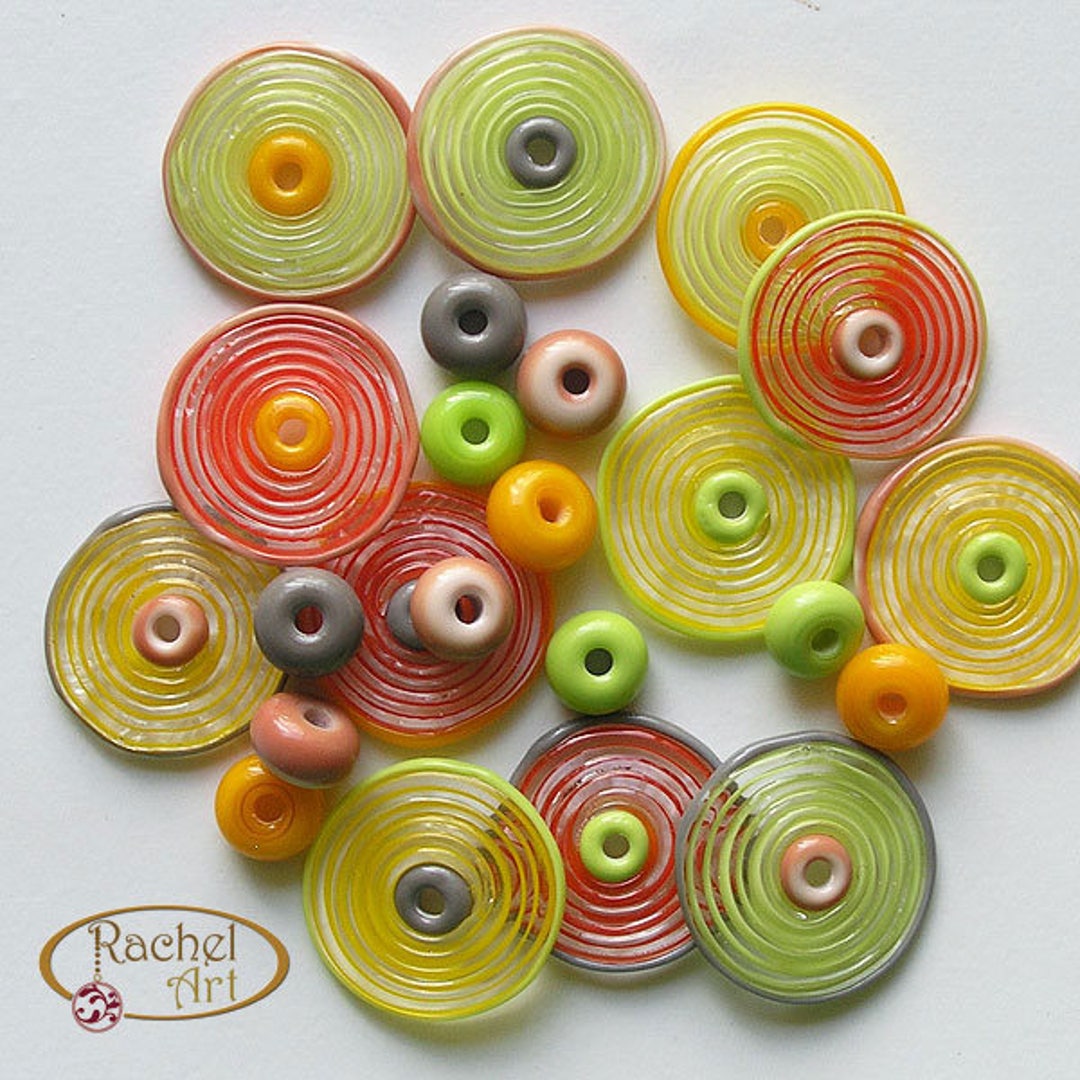 Lampwork Glass Disc Beads, FREE SHIPPING, Handmade Spiral Pea Green