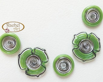 Lampwork Olive Green Flower Glass Beads, FREE SHIPPING, Handmade Lampwork Glass Disc Beads - Rachelcartglass