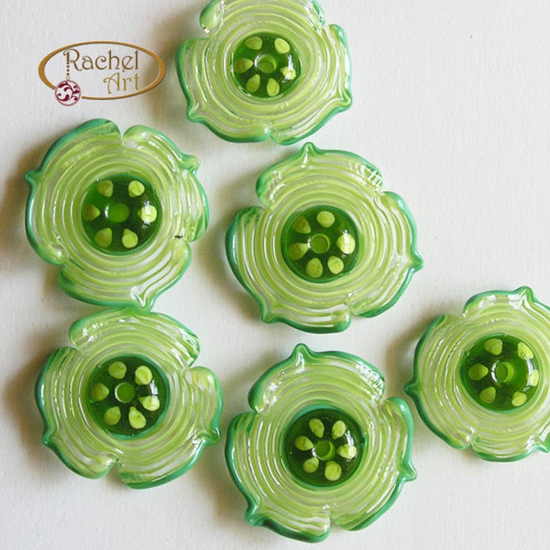 FREE SHIPPING Rachelcartglass Spiral Green Lampwork Flowers Glass Beads Olive Green Handmade Glass Beads Pea Green