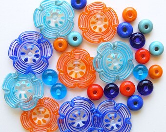 Lampwork Flower Glass Beads, FREE SHIPPING, Handmade Glass Spiral Flowers, Spacers Beads, Cobalt, Orange, Turquoise - Rachelcartglass