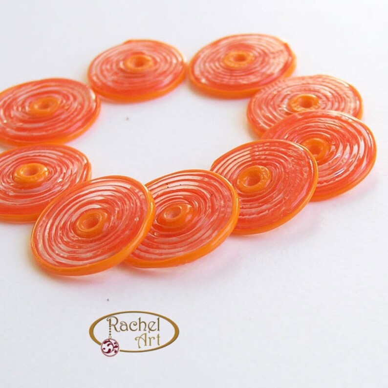 Orange Glass Disc Beads FREE SHIPPING,Set of Handmade Lampwork Spiral Beads Rachelcartglass