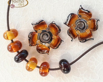 Amber Lampwork Flower Glass Beads, FREE SHIPPING, Handmade Lampwork Glass Disc Beads and Spacers - Rachelcartglass
