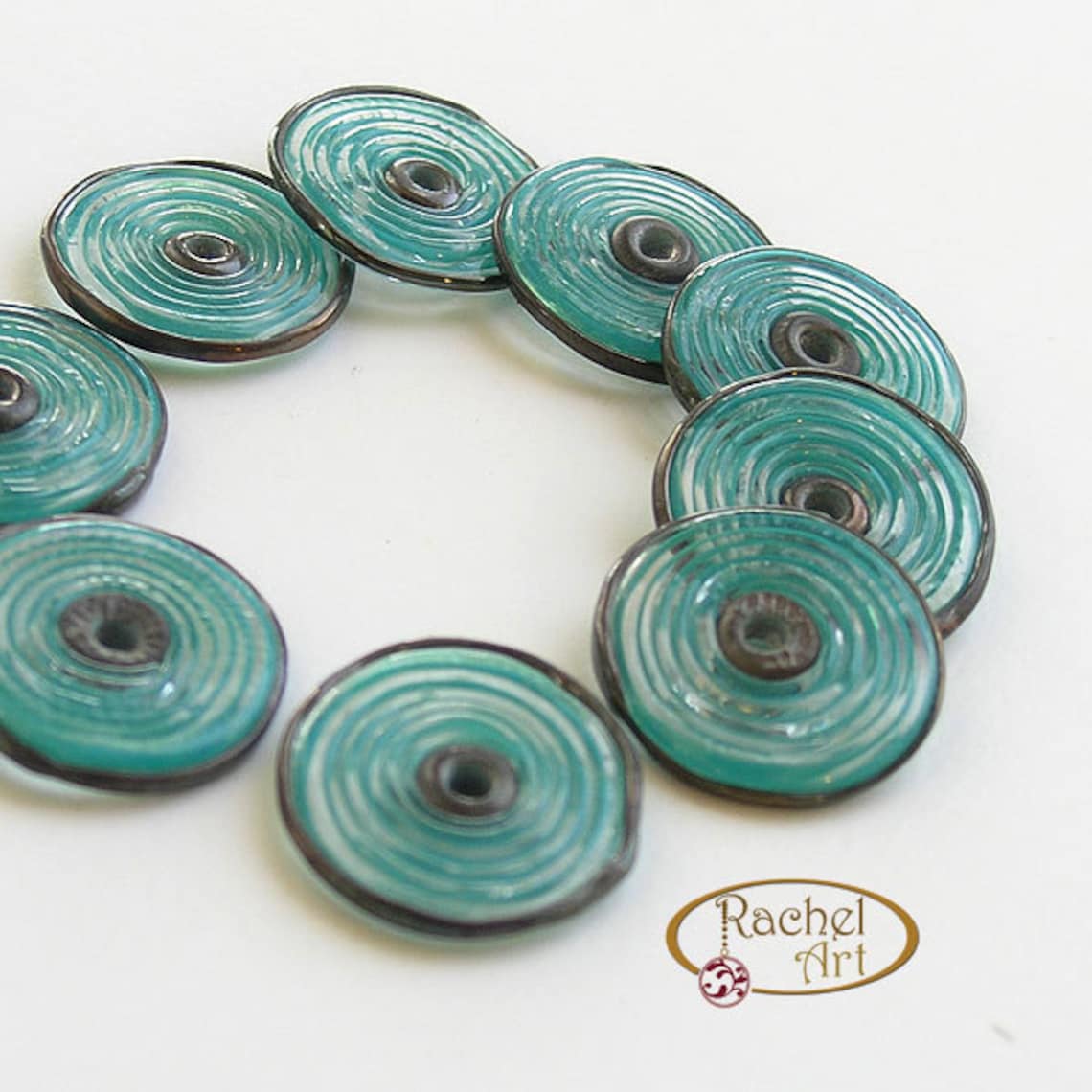 Lampwork Glass Disc Beads, FREE SHIPPING, Handmade Spiral Glass Teal
