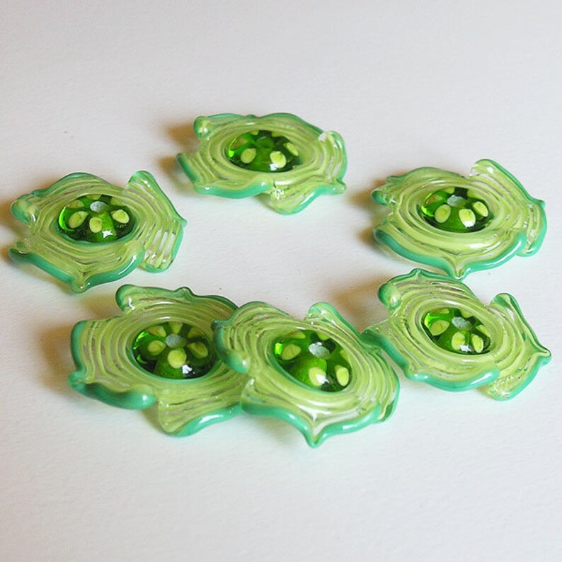 FREE SHIPPING Rachelcartglass Spiral Green Lampwork Flowers Glass Beads Olive Green Handmade Glass Beads Pea Green
