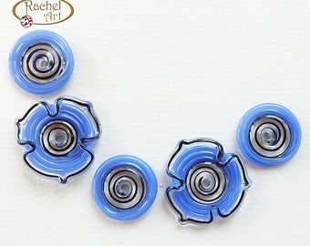 Lampwork Blue Flower Glass Beads, FREE SHIPPING, Handmade Lampwork Glass Disc Beads - Rachelcartglass