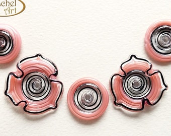 Lampwork Pink Flower Glass Beads, FREE SHIPPING, Handmade Lampwork Glass Disc Beads - Rachelcartglass