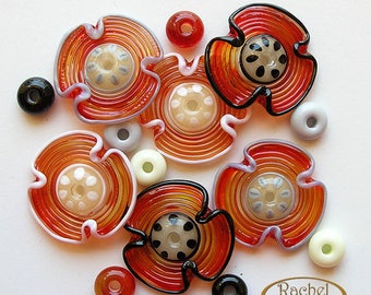 Rust Red Flower Glass Beads, FREE SHIPPING, Handmade Gray Cream Black Lampwork Glass Spacers Beads - Rachelcartglass