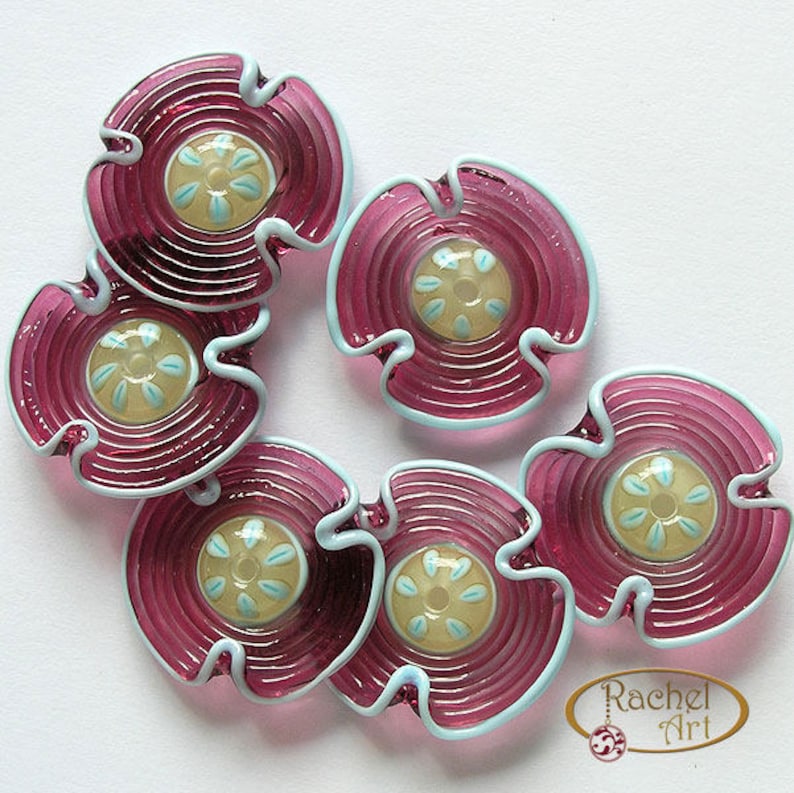 FREE SHIPPING,Handmade Beads Supplies Cranberry and Sky Blue Flowers Lampwork Glass Beads Rachelcartglass