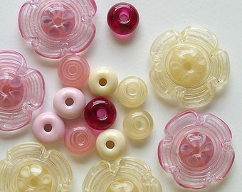 Pink and Cream Lampwork Glass Flower Beads, FREE SHIPPING, Handmade Glass Spacer Beads - Rachelcartglass