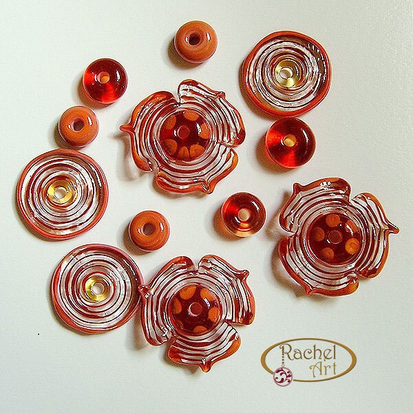 Red Flower Lampwork Glass Beads, FREE SHIPPING, Handmade Glass Beads Disc and Spacers
