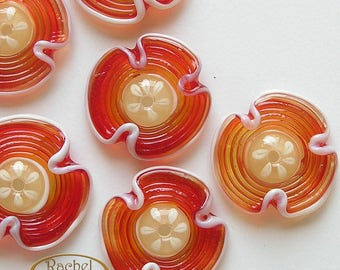 Lampwork Flower Glass Beads, FREE SHIPPING, Handmade Strike Red and Cream Lampwork Glass Disc Beads