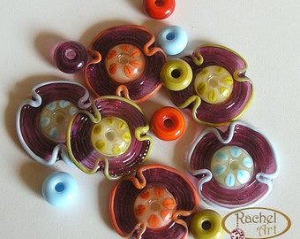 Lampwork Flower Glass Beads, FREE SHIPPING, Handmade Purple, Blue, Orange Lampwork Glass Beads - Rachelcartglass