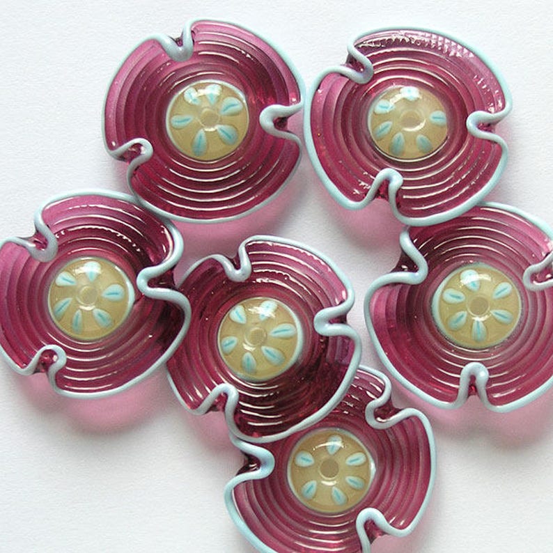 FREE SHIPPING,Handmade Beads Supplies Cranberry and Sky Blue Flowers Lampwork Glass Beads Rachelcartglass