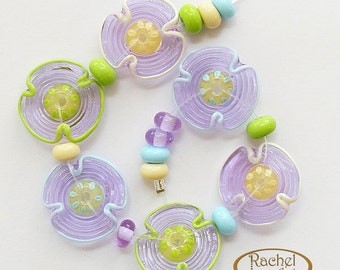 Lavender Flower Glass Beads, FREE SHIPPING,  Hndemade Lampwork Flowers and Spacers - Rachelcartglass