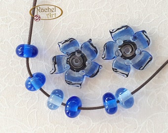 Blue Lampwork Flower Glass Beads, FREE SHIPPING, Handmade Lampwork Glass Disc Beads and Spacers - Rachelcartglass