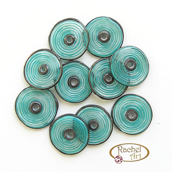 Lampwork Glass Disc Beads, FREE SHIPPING, Handmade Spiral Glass Teal Disc Beads - Rachelcartglass