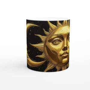 11oz Celestial Sun & Moon Coffee Mug – Gold Astrology Tea Cup – Black Ceramic Cosmic Gift for Star Lovers