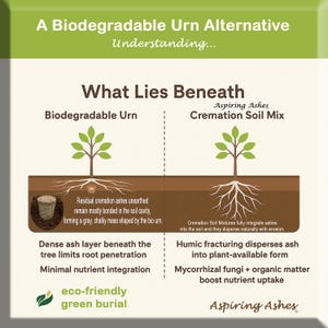 Side-by-side underground diagram comparing a biodegradable urn beneath a tree with cremation soil mixture spread through soil, showing different ash placement, root access and soil-integration claims.