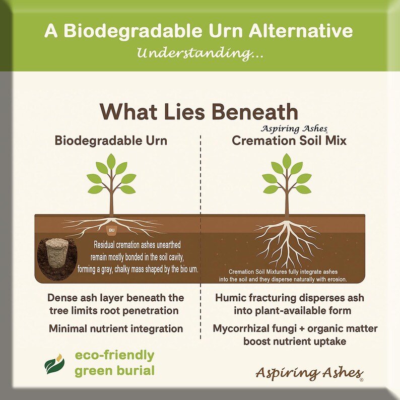 Side-by-side underground diagram comparing a biodegradable urn beneath a tree with cremation soil mixture spread through soil, showing different ash placement, root access and soil-integration claims.