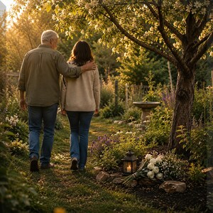 Older man and adult daughter walking arm in arm through a sunlit memorial garden beside a flowering tree, white roses and a glowing lantern, representing a living tribute for a loved one.