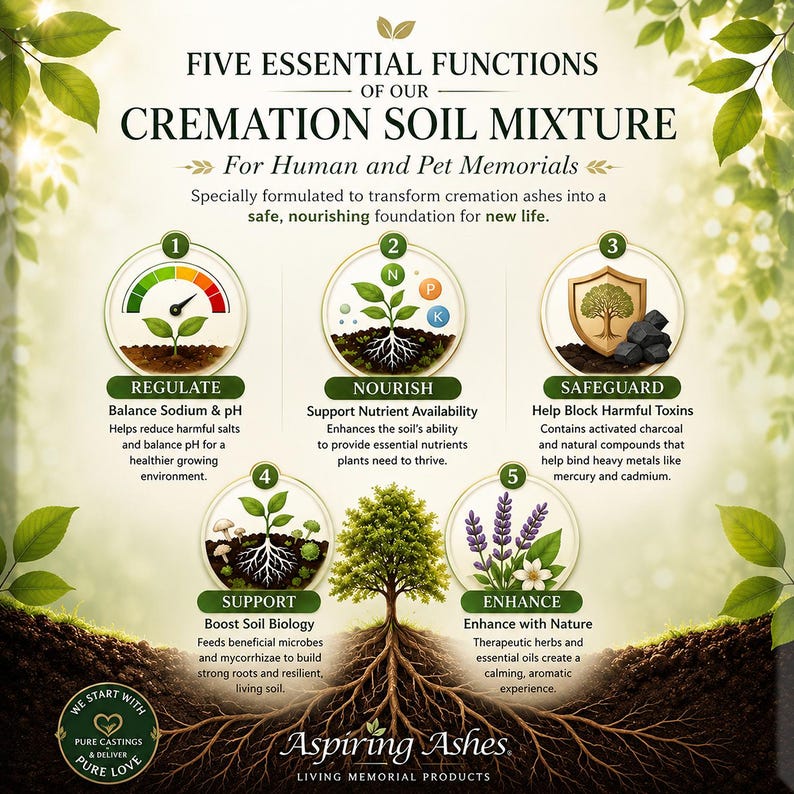 Infographic showing the five essential functions of Aspiring Ashes cremation soil mixture, including balancing sodium and pH, supporting nutrient availability, helping block harmful toxins, boosting beneficial soil biology, and enhancing memorial planting for human or pet cremation ashes.