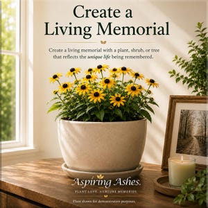 Large beige planter filled with blooming yellow Black-Eyed Susans beside a framed photo and candle, demonstrating an indoor or patio living memorial created with prepared human or pet cremation ashes.