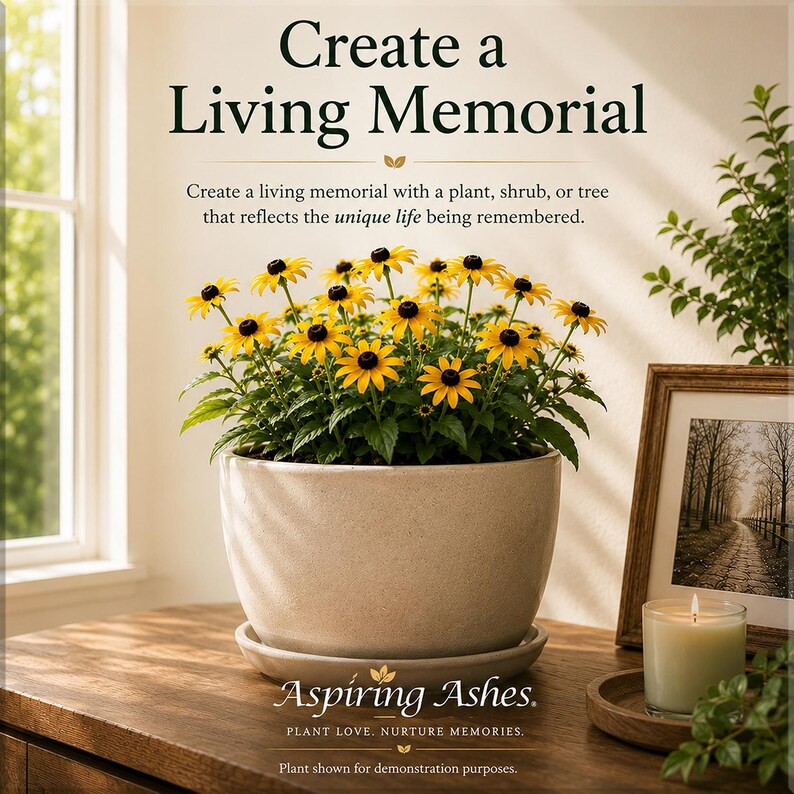Large beige planter filled with blooming yellow Black-Eyed Susans beside a framed photo and candle, demonstrating an indoor or patio living memorial created with prepared human or pet cremation ashes.